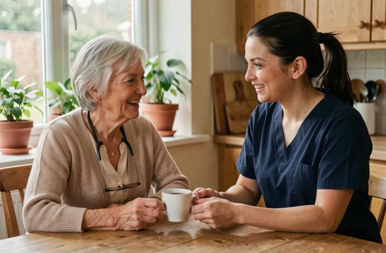 Une aide à domicile apporte une tasse de thé à une femme âgée souriante dans sa cuisine, illustrant un service d'accompagnement senior chaleureux et professionnel