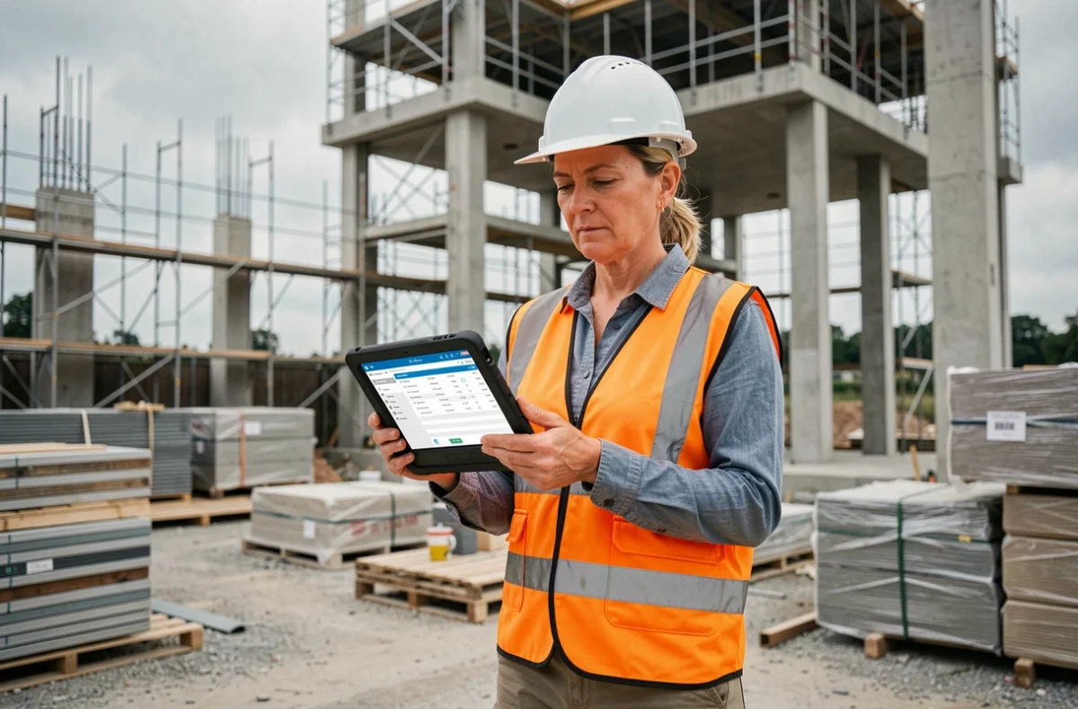Architecte femme sur chantier consultant un tableau de bord de suivi de projet sur tablette numérique