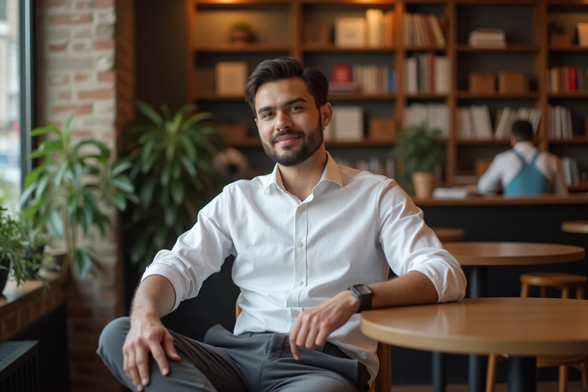 Jeune entrepreneur de grande taille assis dans un café parisien, portrait naturel et décontracté en chemise blanche