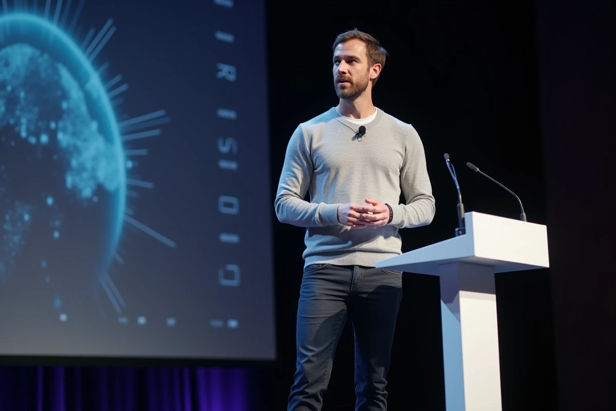 Homme grand et mince présentant lors d'une conférence technologique, sa stature remarquable mise en valeur sur scène