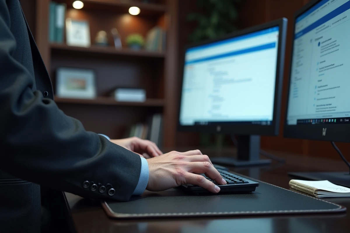 Mains d'un cadre configurant un serveur de messagerie EDF dans Outlook sur un double écran