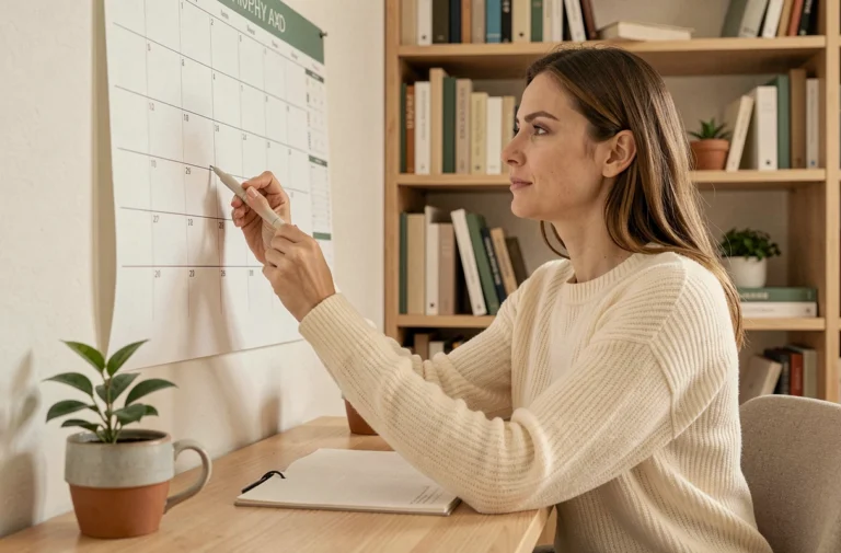 Femme organisant son emploi du temps sur un grand calendrier mural papier dans un bureau à domicile