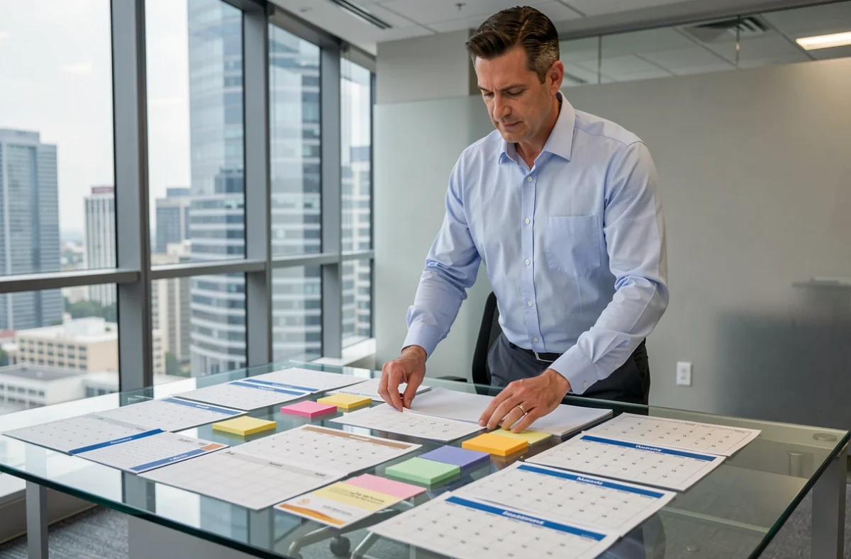 Homme professionnel organisant différents types de calendriers imprimés sur une table de réunion en entreprise