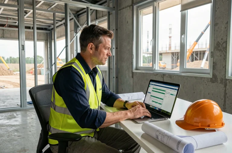 Chef de chantier utilisant un outil de gestion en ligne sur ordinateur portable dans un bureau de site de construction