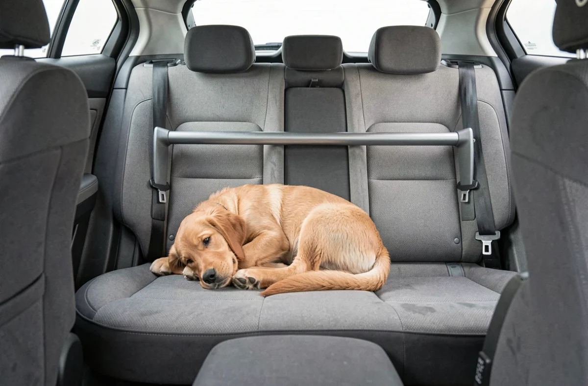 Chiot golden retriever en sécurité sur la banquette arrière d'une voiture grâce à une barre anti écrasement métallique