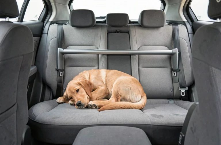 Chiot golden retriever en sécurité sur la banquette arrière d'une voiture grâce à une barre anti écrasement métallique