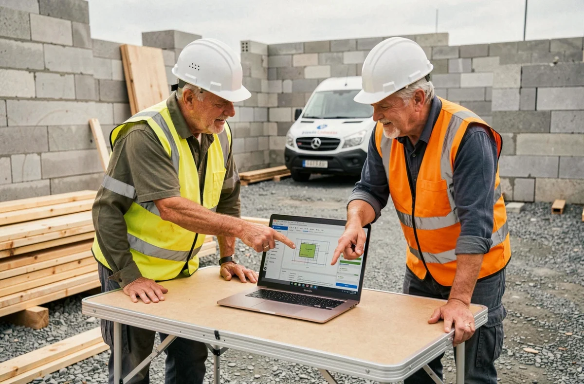 Deux professionnels du bâtiment collaborant autour d'un outil en ligne de planification de chantier sur ordinateur portable