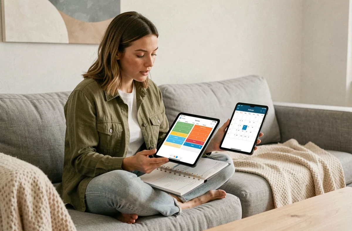 Jeune femme comparant un calendrier numérique sur tablette et un agenda papier dans un salon minimaliste
