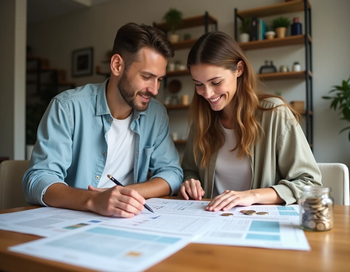 Couple planifiant ensemble leurs finances personnelles autour d'une table avec des documents budgétaires et un bocal de pièces