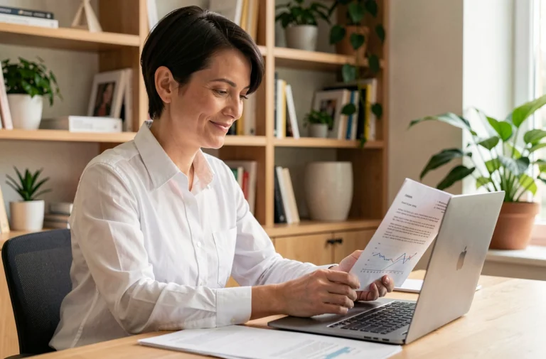 Créatrice d'entreprise consultant ses annonces légales en ligne depuis son bureau à domicile