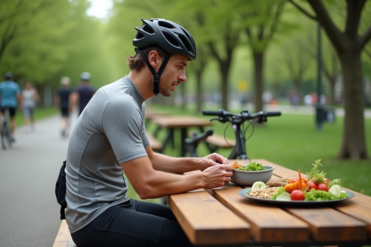 Homme cycliste dégustant un repas végétarien en plein air