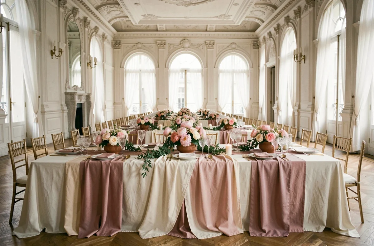 Table de réception de mariage ornée de pivoines et de roses dans une salle de bal Haussmannienne aux moulures dorées