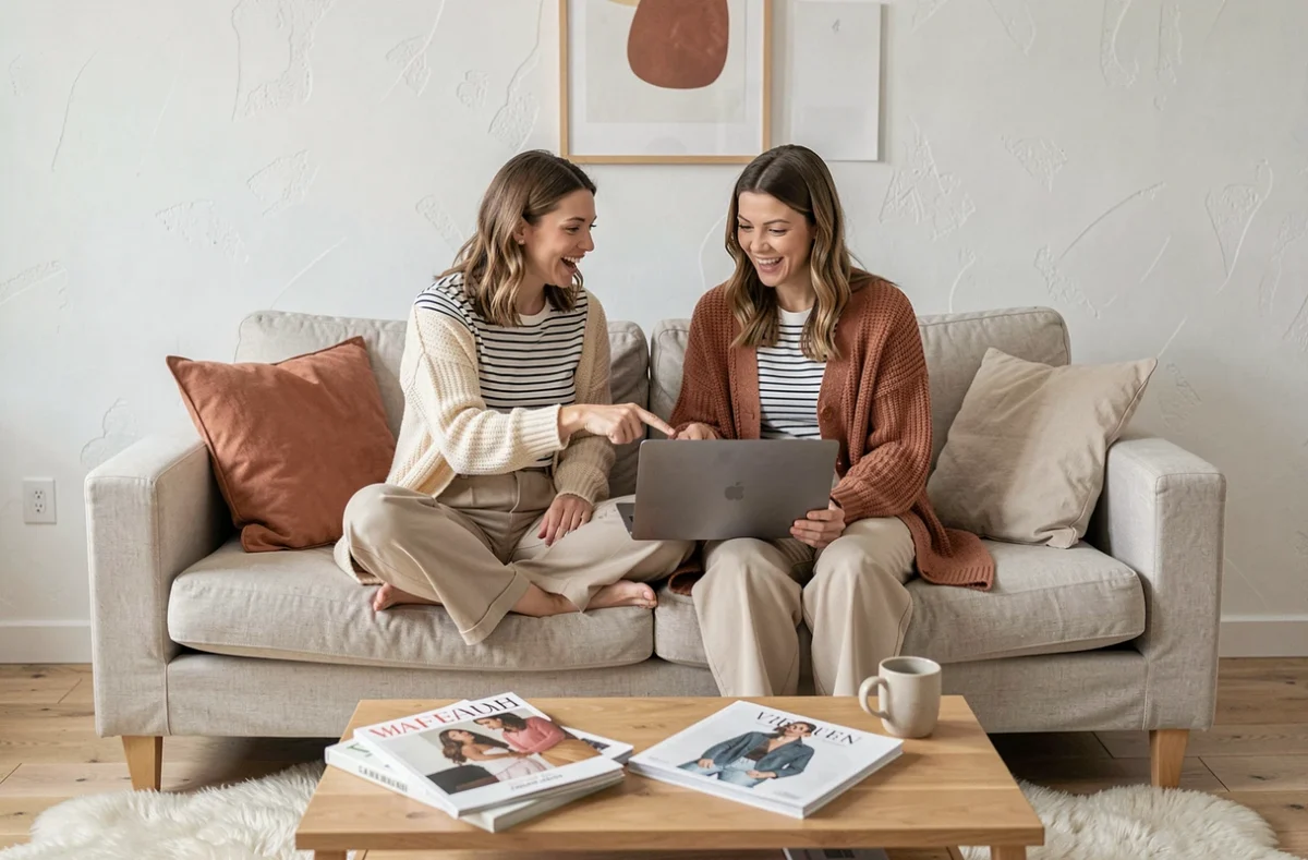 Deux femmes partageant des actualités féminines en ligne sur un laptop dans un salon scandinave moderne