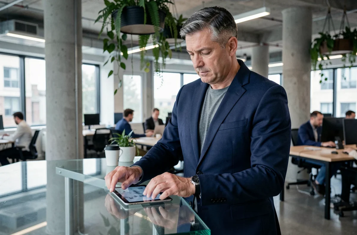 Entrepreneur publiant une annonce légale depuis un espace de co-working moderne sur tablette