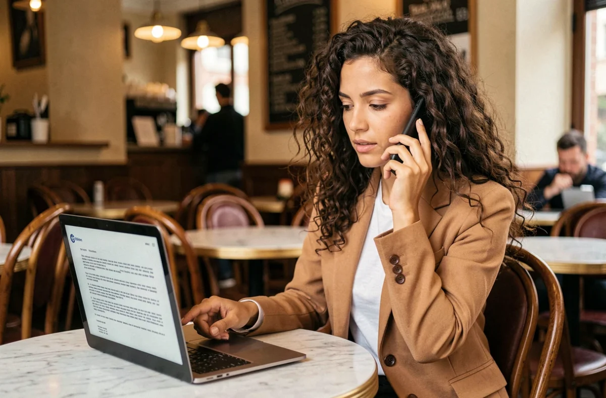 Jeune entrepreneuse gérant ses formalités juridiques en ligne depuis un café parisien