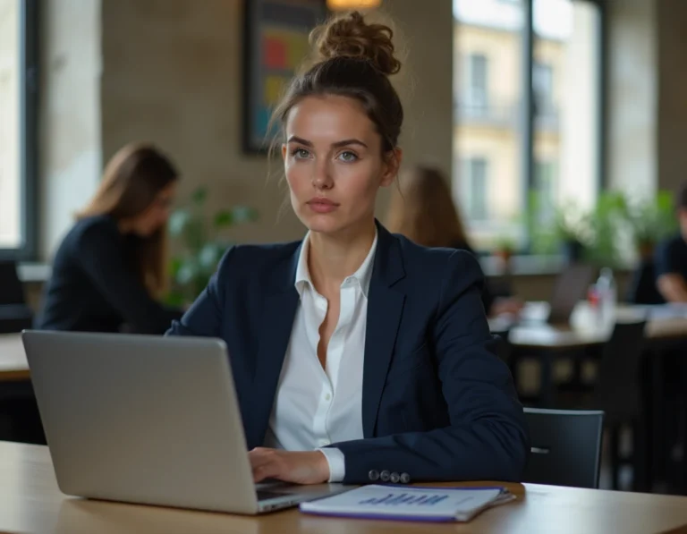 Entrepreneuse française travaillant sur son projet de création d'entreprise dans un espace de coworking parisien moderne