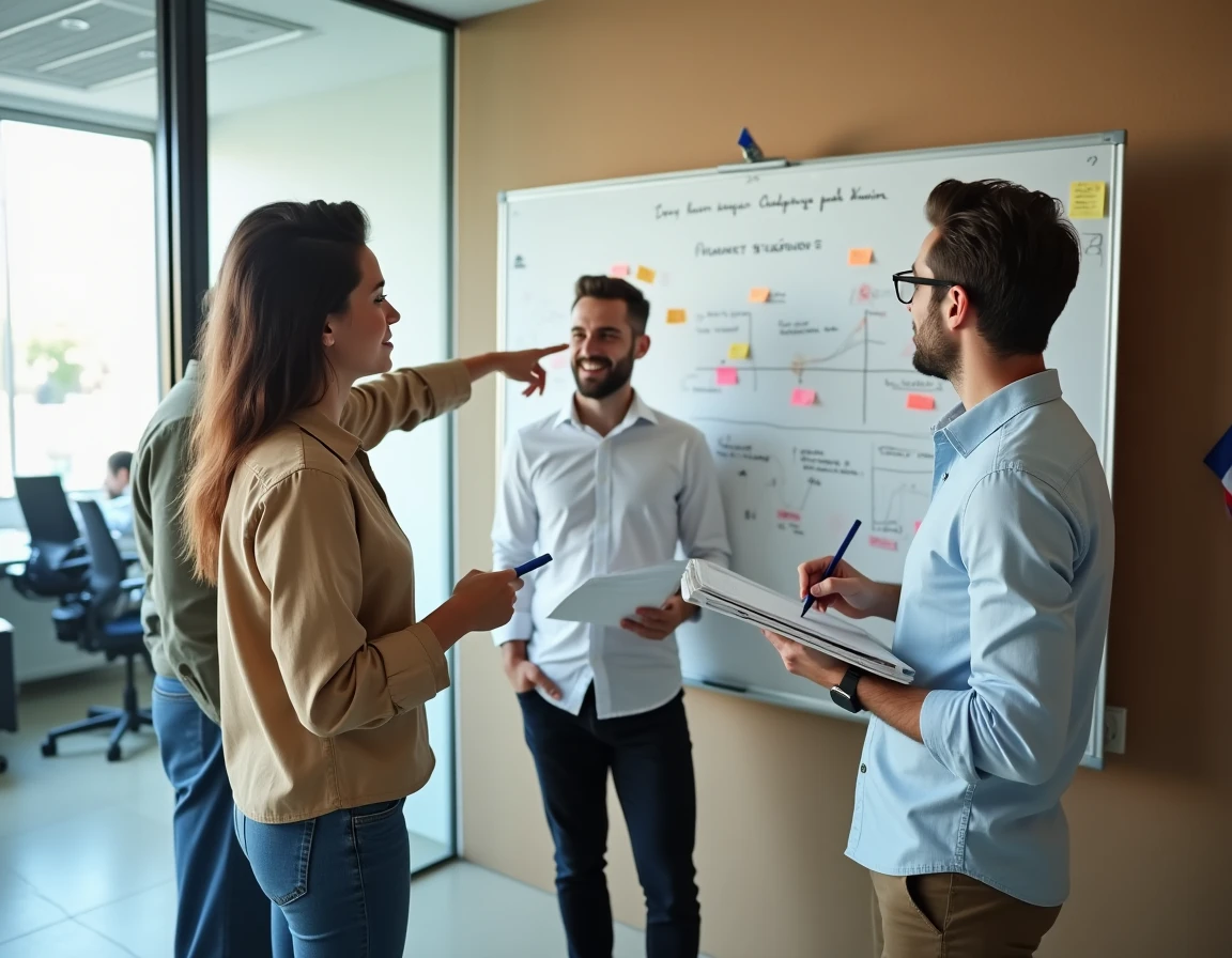 Équipe de professionnels français élaborant une stratégie de développement d'entreprise sur un tableau blanc dans un bureau moderne à Bordeaux