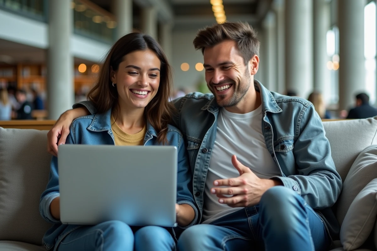 Deux étudiants pratiquant une langue étrangère en ligne avec un tuteur natif en visioconférence dans une bibliothèque universitaire moderne