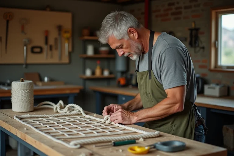 Homme fabriquant un filet de but de football en nouant une corde épaisse sur un établi dans un atelier de bricolage