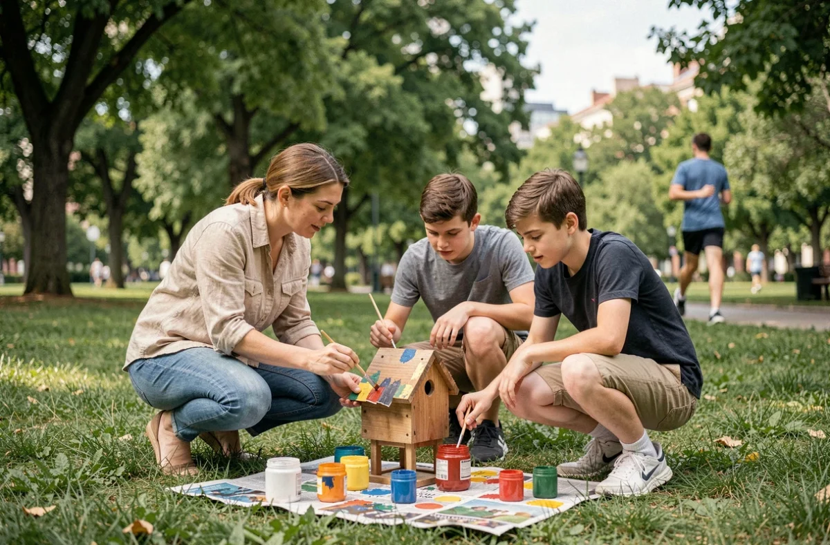 Mère et adolescents peignant ensemble une cabane à oiseaux dans un parc, activité créative en plein air en famille