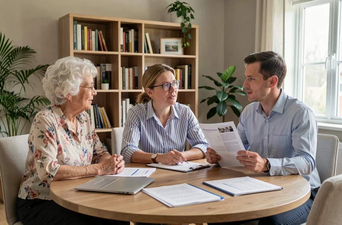Une famille discute avec un conseiller spécialisé des options d'accompagnement pour une senior, autour d'une table dans un cadre domestique moderne et rassurant