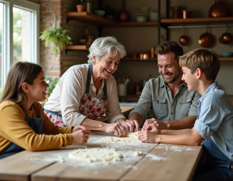 Famille multigénérationnelle cuisinant ensemble autour d'une table en bois rustique, partageant un moment de complicité et de rires dans une cuisine chaleureuse