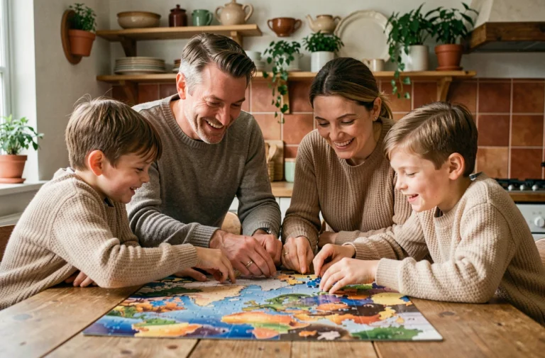 Famille réunie autour d'une table en bois pour assembler un puzzle coloré, moment de partage chaleureux entre parents et enfants