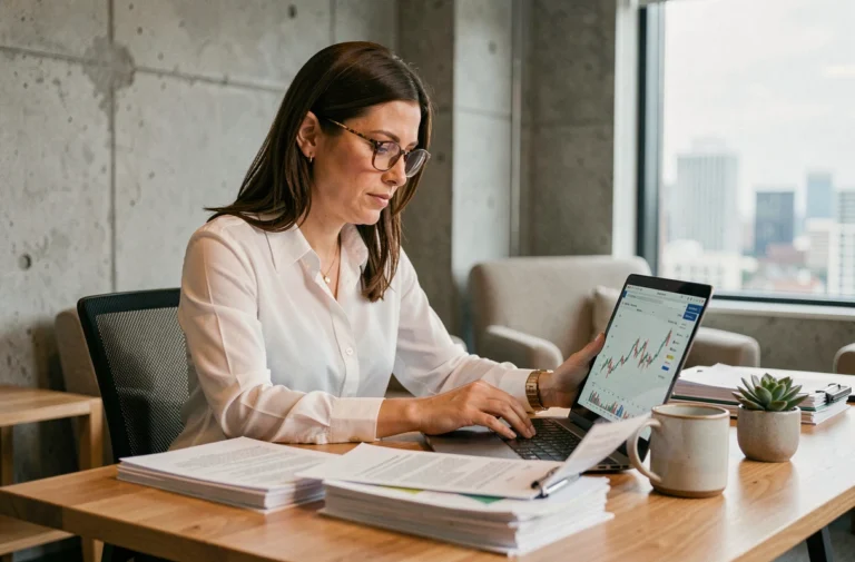 Femme professionnelle analysant des tendances économiques et financières sur son ordinateur portable dans un bureau moderne