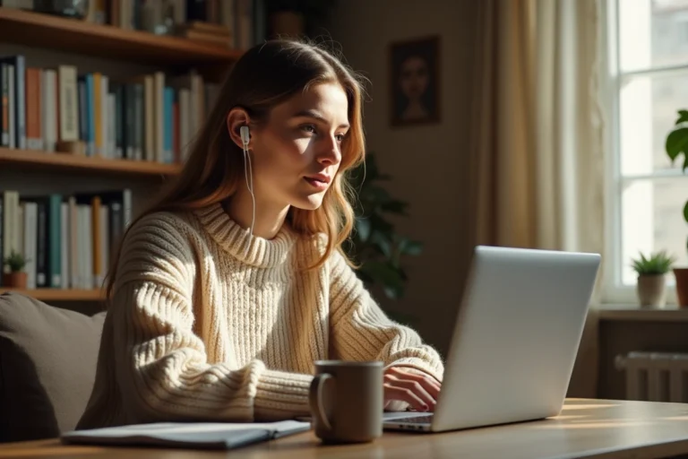 Jeune femme apprenant une langue étrangère en ligne depuis son bureau à domicile avec un ordinateur portable et des écouteurs