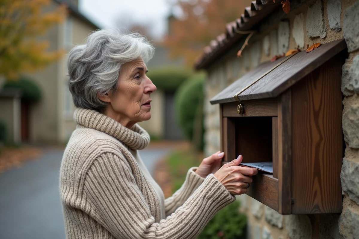 Femme vérifiant une boîte aux lettres vide devant une maison française, air déçu, magazine Télé Z absent