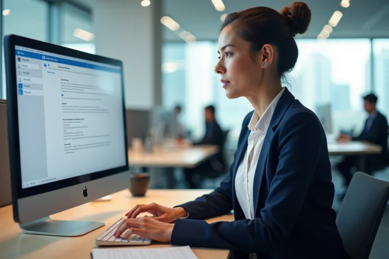 Femme professionnelle configurant un compte webmail EDF sur Outlook dans un bureau moderne