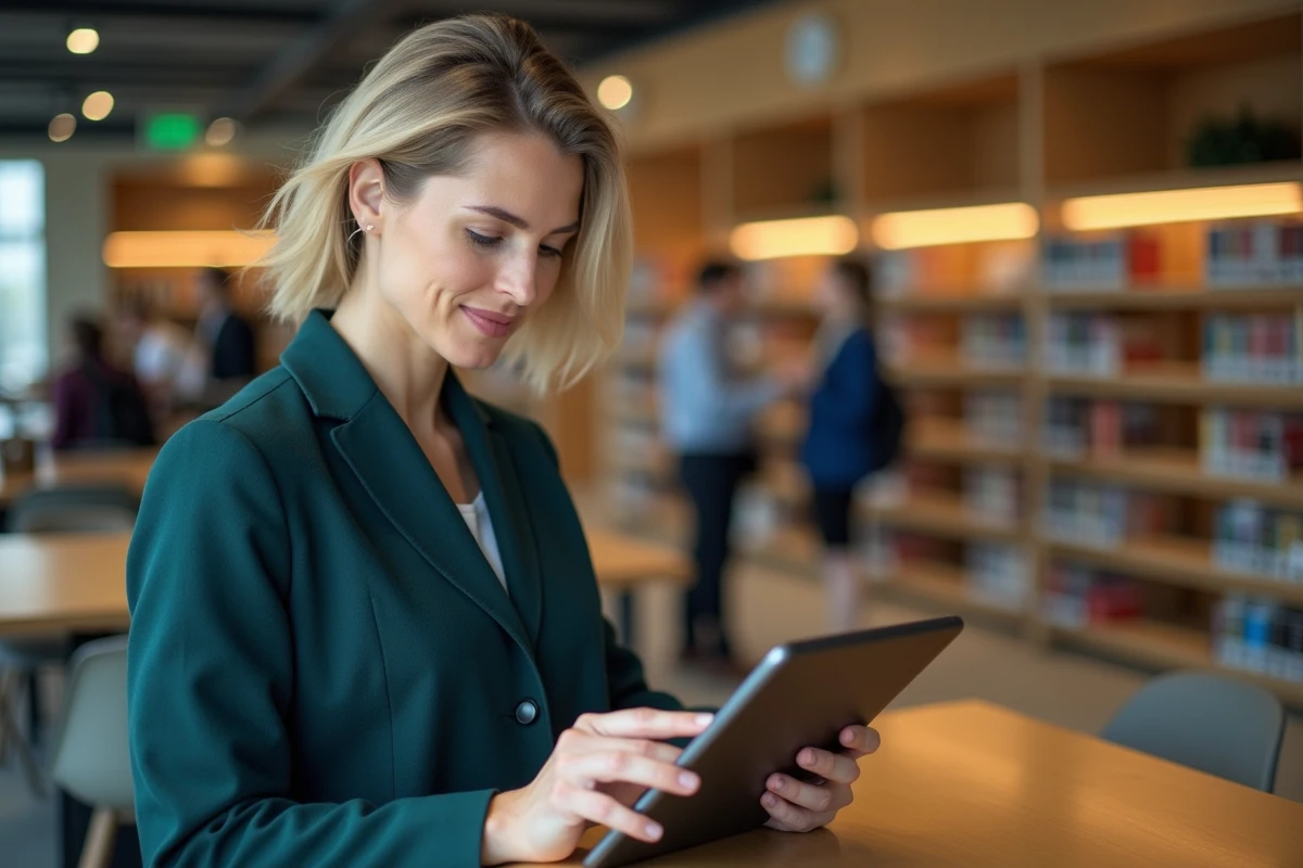Femme d'âge mûr consultant des offres d'emploi sur une tablette dans une bibliothèque moderne