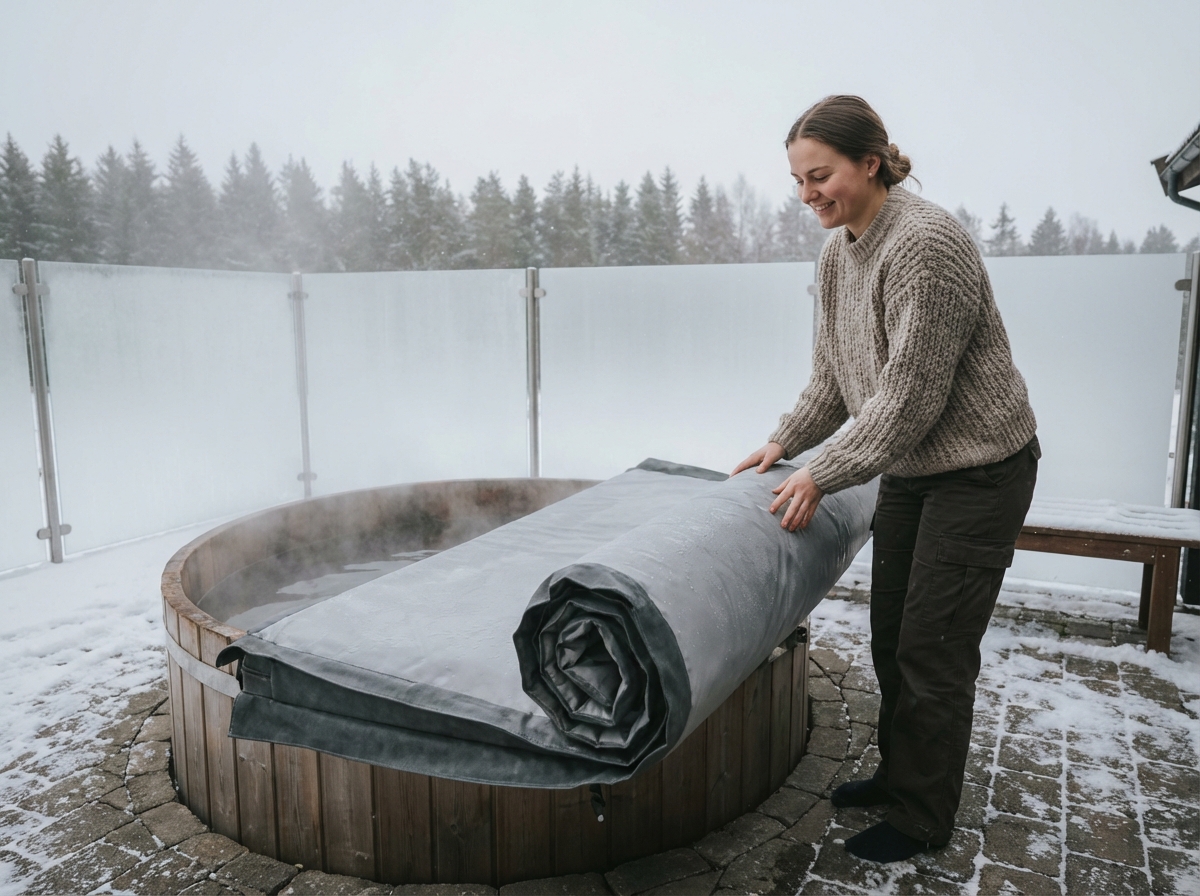 Femme déployant une couverture thermique sur un spa en hiver