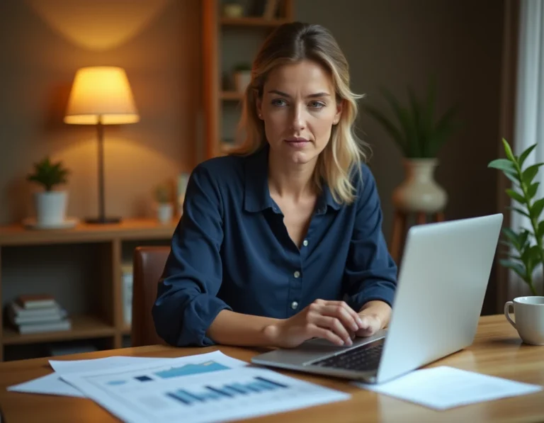 Femme gérant son budget personnel sur un ordinateur portable dans un bureau à domicile organisé