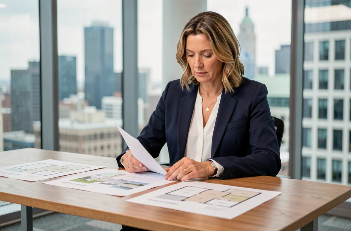 Femme professionnelle analysant des documents immobiliers dans un bureau moderne avec vue sur la ville, stratégie d'investissement immobilier 2024