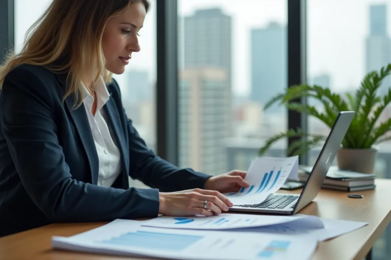 Femme professionnelle analysant des documents d'investissement immobilier dans un bureau moderne avec vue sur la ville