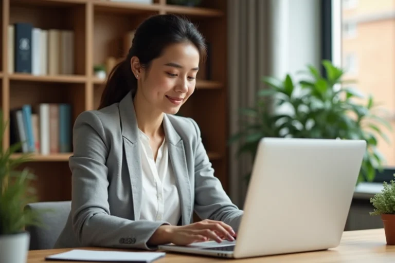 Femme professionnelle utilisant un portail emploi sur son ordinateur portable dans un bureau à domicile moderne