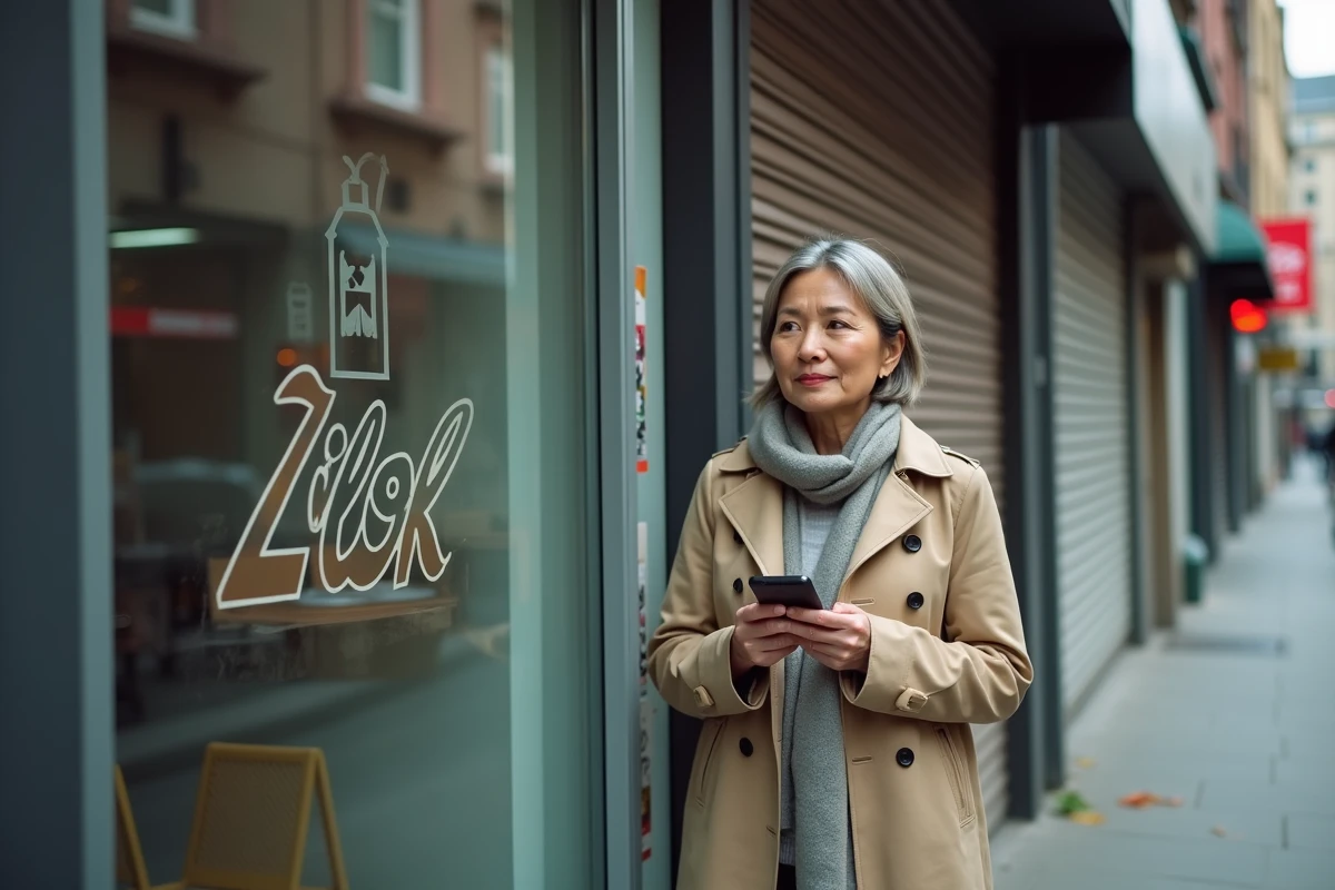 Femme regardant un magasin fermé dans une rue abandonnée