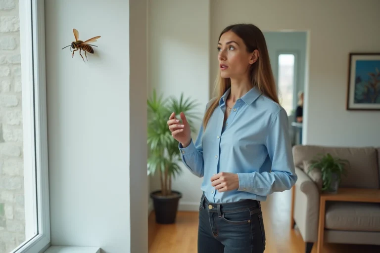 Femme surprise regardant un frelon dans un salon moderne