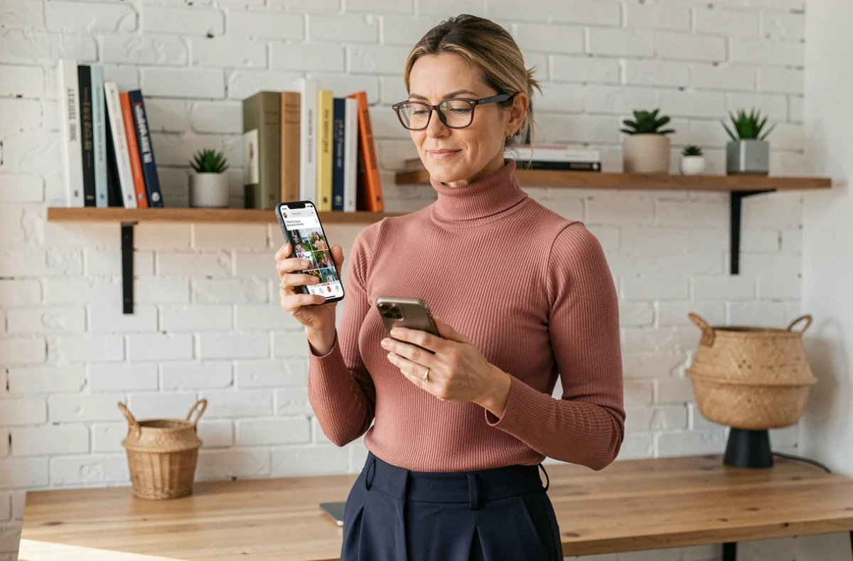 Femme moderne consultant les tendances féminines sur son smartphone dans un bureau à domicile élégant