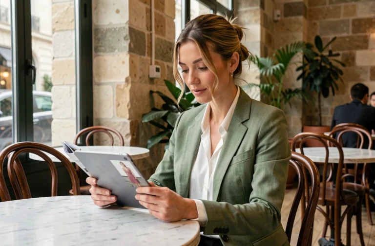 Femme élégante dans un café parisien consultant les tendances féminines sur une tablette numérique