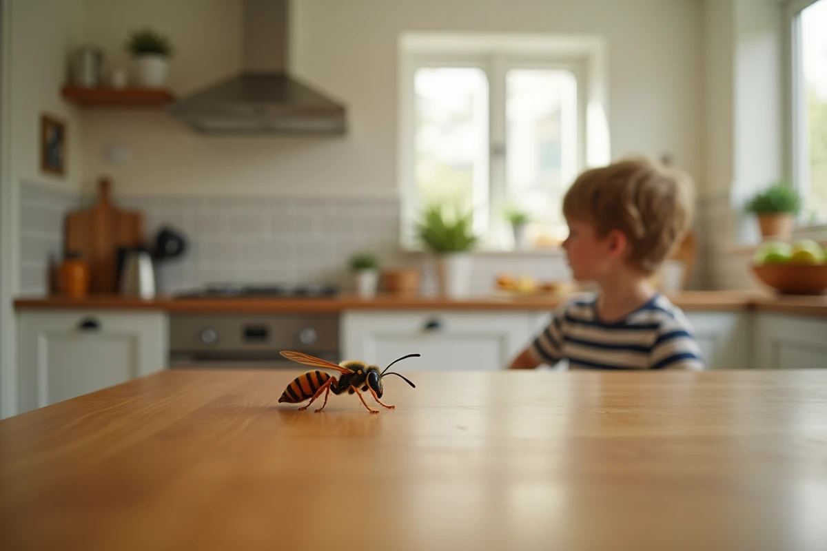 Gros plan d’un frelon sur une table de cuisine avec un enfant en arrière-plan
