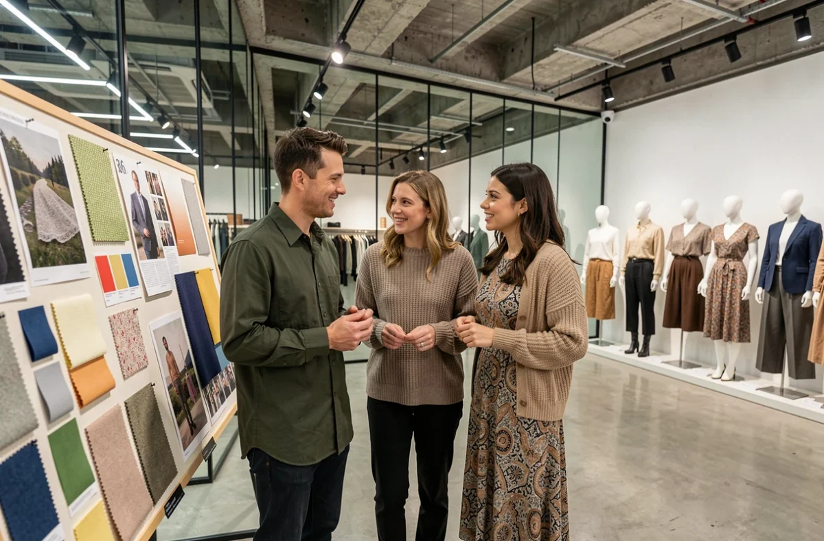 Groupe de passionnés de mode analysant un tableau de tendances dans un showroom de galerie moderne