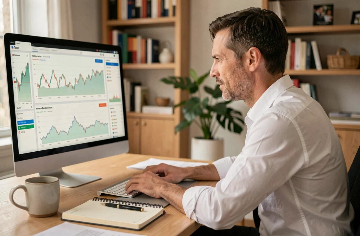 Homme analysant des graphiques de marché immobilier sur un écran dans un bureau à domicile, investissement immobilier et stratégie financière 2024
