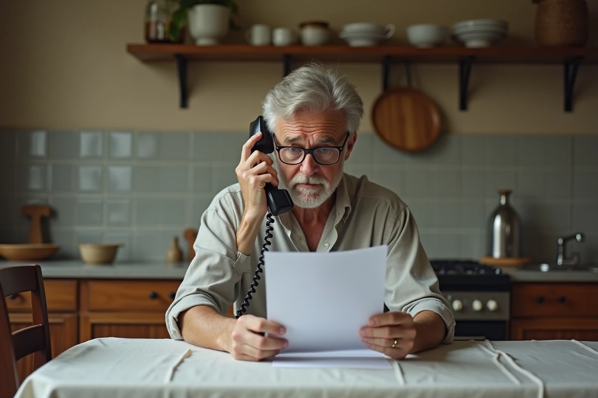 Homme âgé appelant le service abonnement Télé Z depuis sa cuisine avec un formulaire d'abonnement sur la table