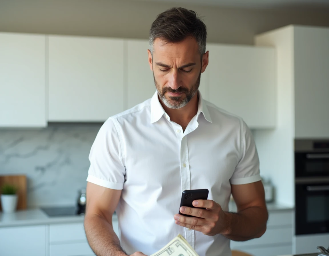 Homme consultant son application bancaire mobile pour suivre ses finances personnelles dans une cuisine moderne