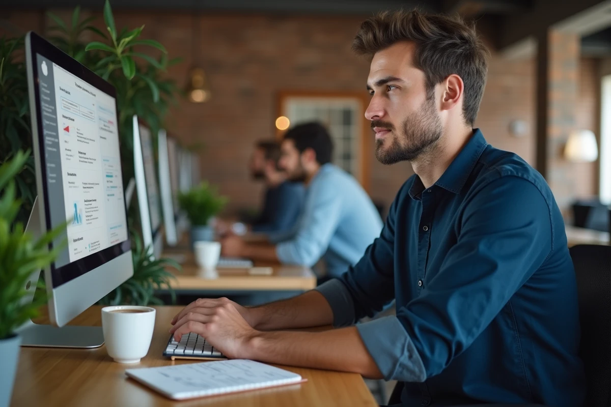 Jeune homme téléchargeant son CV sur un portail emploi dans un espace de coworking