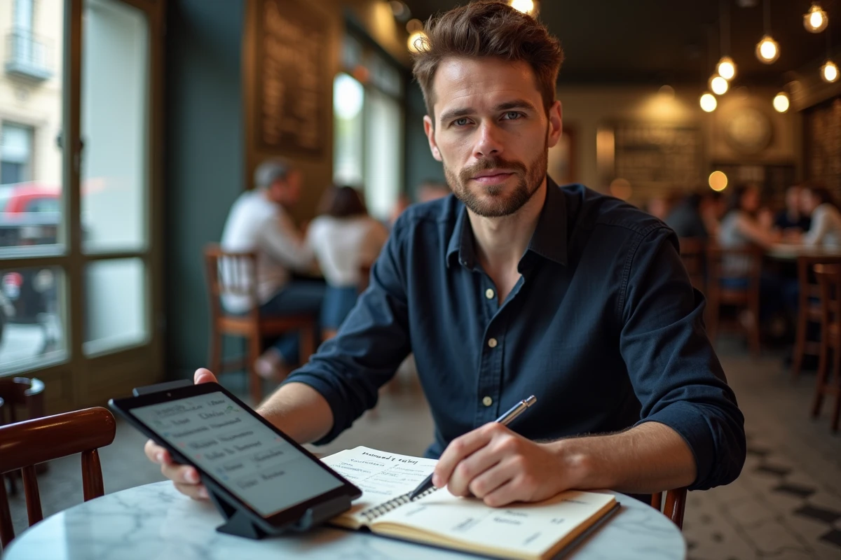 Homme adulte étudiant le vocabulaire d'une nouvelle langue sur une tablette dans un café avec un carnet de notes manuscrit