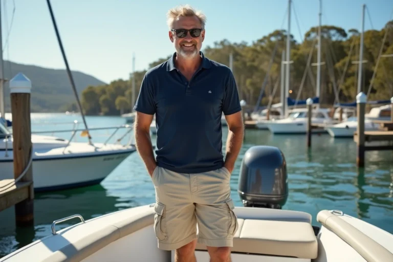 Homme français souriant sur un bateau en Australie