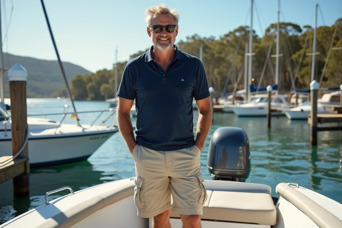 Homme français souriant sur un bateau en Australie